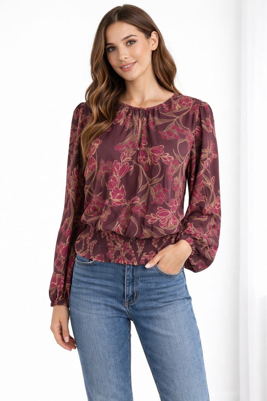 Nine Britton Womens Lennon Peplum Blouse Smocked Hem Size Medium Purple NWT